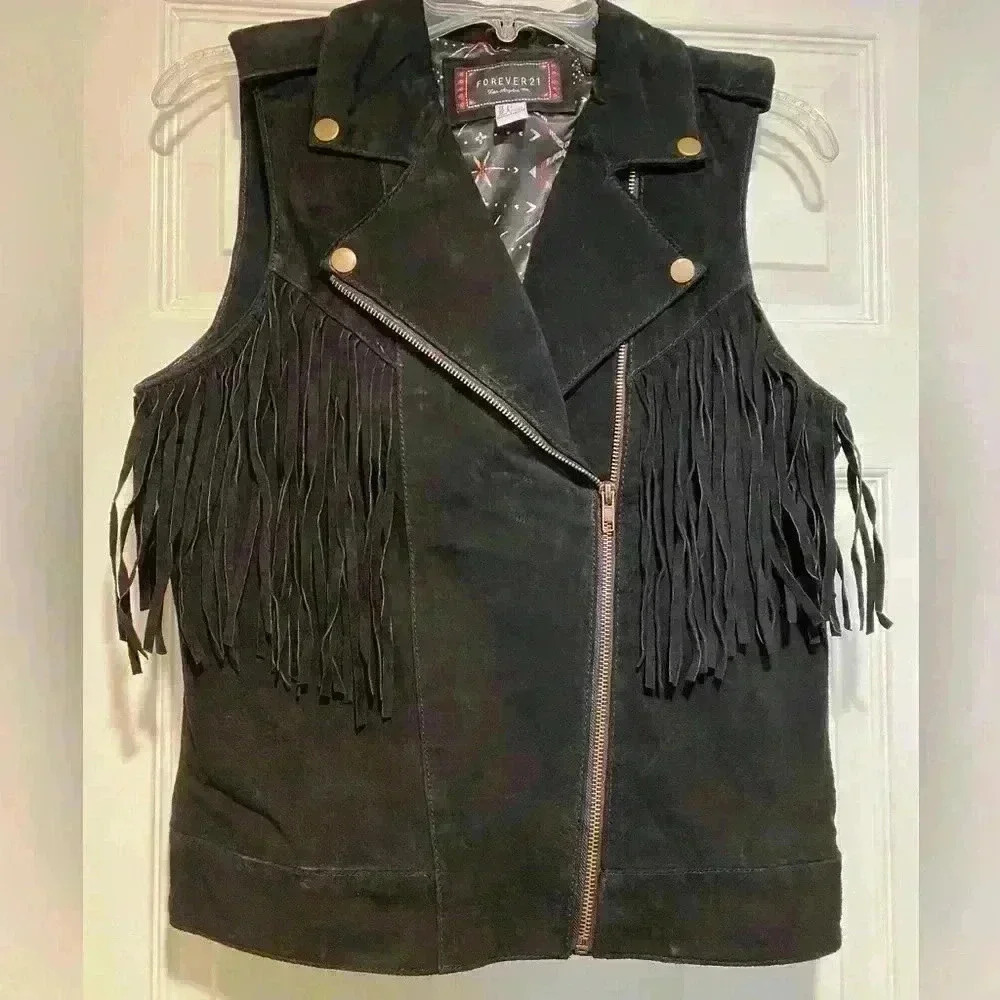 Womens Leather Fringe Vest Black Zipper Lined Western small great condition - Picture 9 of 10